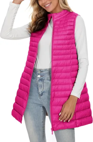 ELFJOY Long Puffer Vest Women Winter Ultra Light Long Down Vest with Stand Collar Black Womens Vests Outerwear
