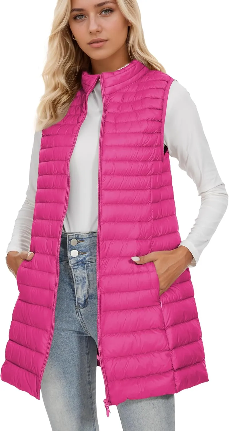 ELFJOY Long Puffer Vest Women Winter Ultra Light Long Down Vest with Stand Collar Black Womens Vests Outerwear