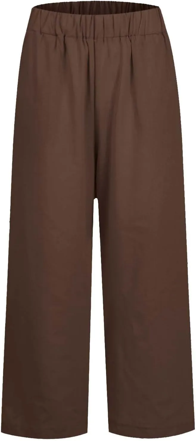 eoeioa Linen Ankle Pants for Women Summer Elastic High Waisted Cropped Pants Casual Lightweight Linen Pant with Pockets