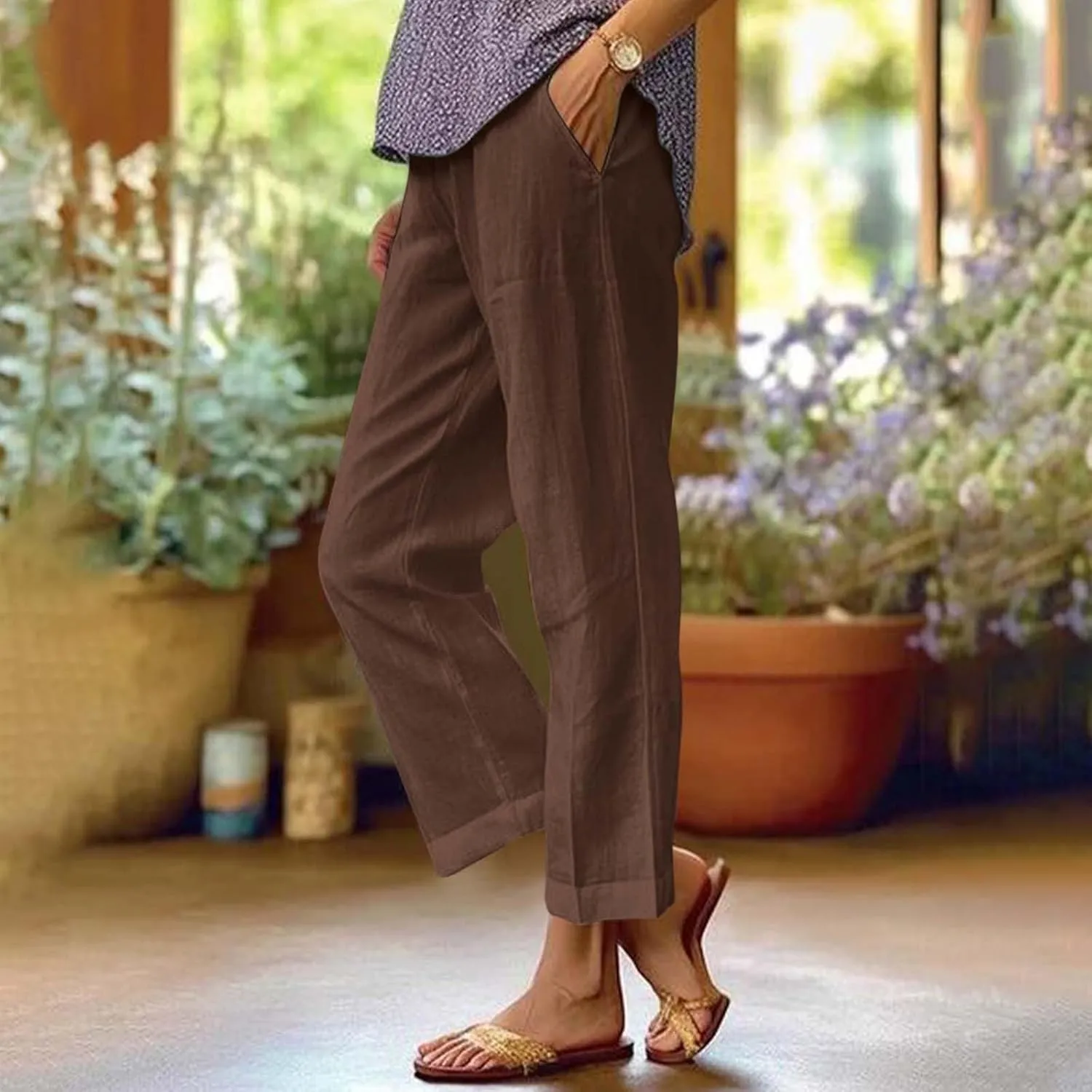 eoeioa Linen Ankle Pants for Women Summer Elastic High Waisted Cropped Pants Casual Lightweight Linen Pant with Pockets