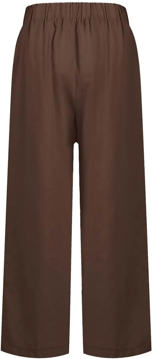 eoeioa Linen Ankle Pants for Women Summer Elastic High Waisted Cropped Pants Casual Lightweight Linen Pant with Pockets
