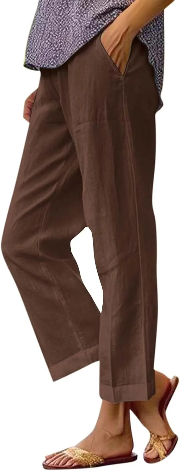 eoeioa Linen Ankle Pants for Women Summer Elastic High Waisted Cropped Pants Casual Lightweight Linen Pant with Pockets