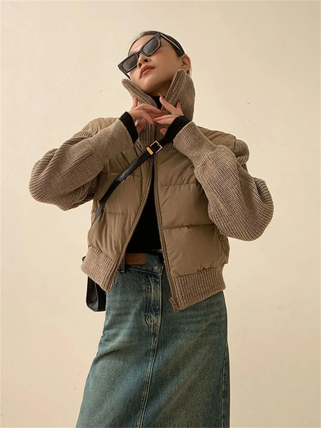ERFMFKL Women Winter Warm Parka Short Patchwork Knitted Jackets Cotton Padded Turtleneck Coat Outwear
