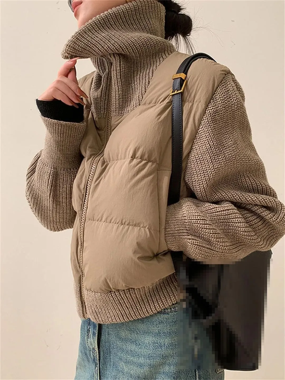 ERFMFKL Women Winter Warm Parka Short Patchwork Knitted Jackets Cotton Padded Turtleneck Coat Outwear