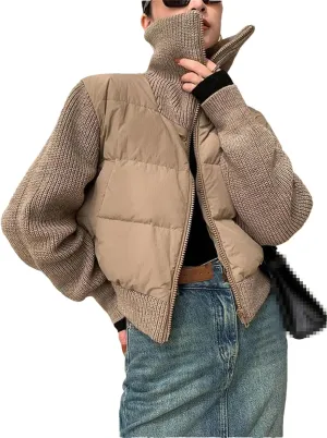 ERFMFKL Women Winter Warm Parka Short Patchwork Knitted Jackets Cotton Padded Turtleneck Coat Outwear