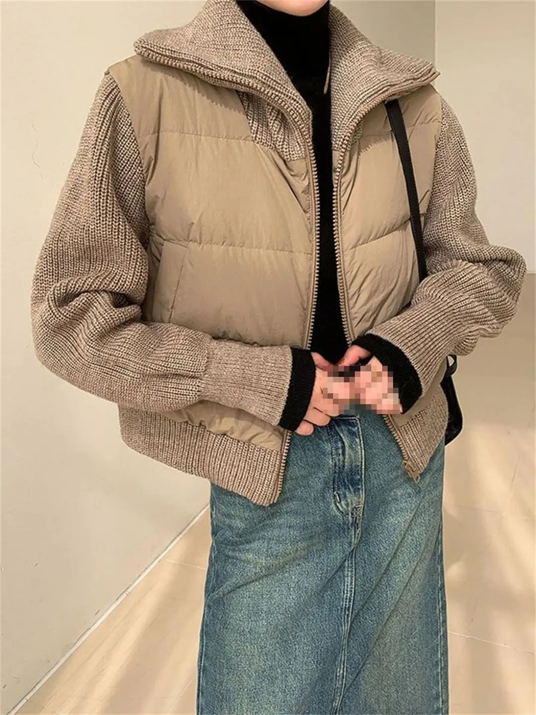 ERFMFKL Women Winter Warm Parka Short Patchwork Knitted Jackets Cotton Padded Turtleneck Coat Outwear