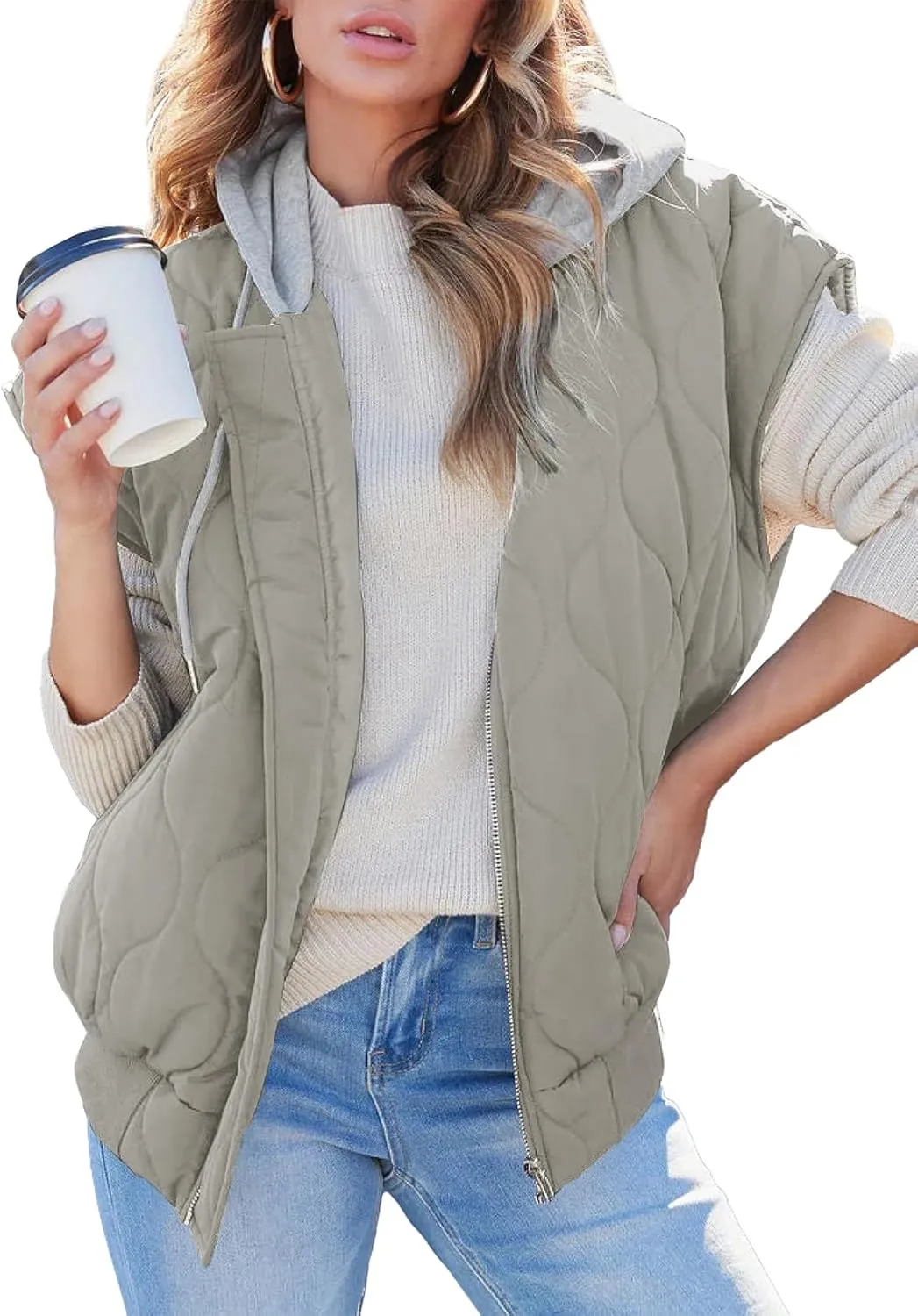 EVALESS Hooded Puffer Vest Women 2024 Zip Up Sleeveless Quilted Vests with Pockets