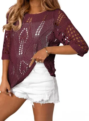 EVALESS Womens Crochet Hollow Out Knit Tops Half Sleeve Spring Summer Sweaters Beach Cover Ups for Women Trendy 2025