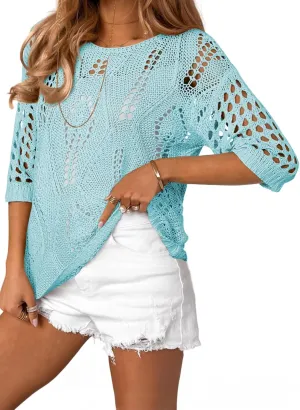 EVALESS Womens Crochet Hollow Out Knit Tops Half Sleeve Spring Summer Sweaters Beach Cover Ups for Women Trendy 2025