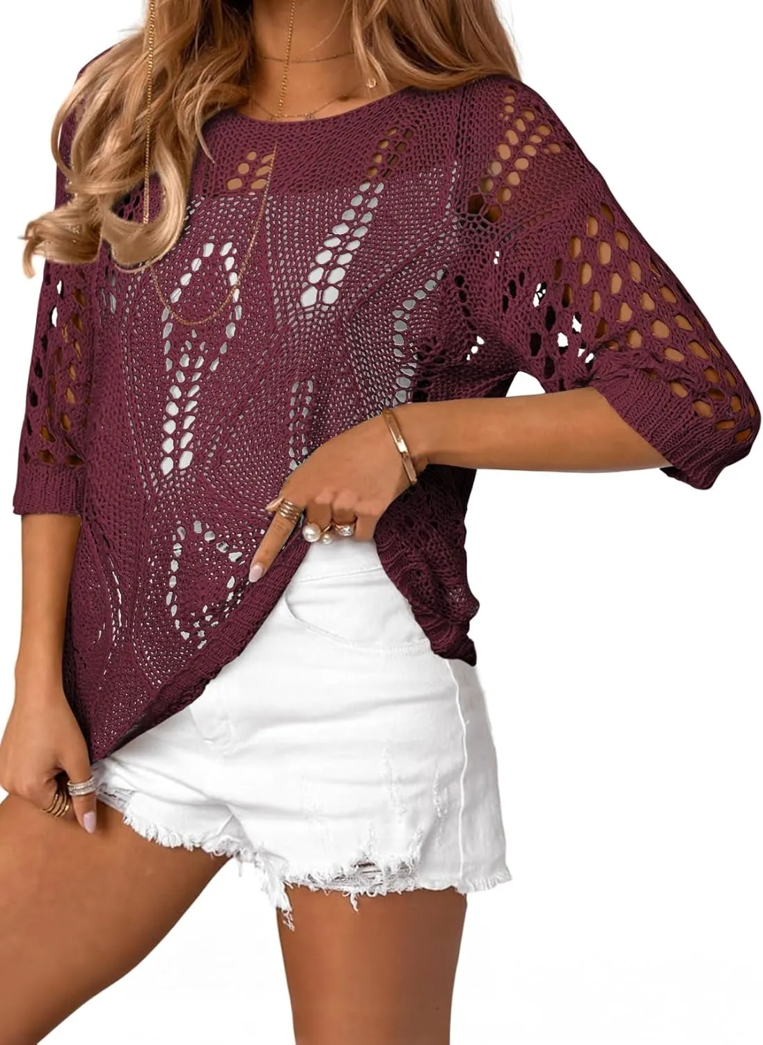 EVALESS Womens Crochet Hollow Out Knit Tops Half Sleeve Spring Summer Sweaters Beach Cover Ups for Women Trendy 2025