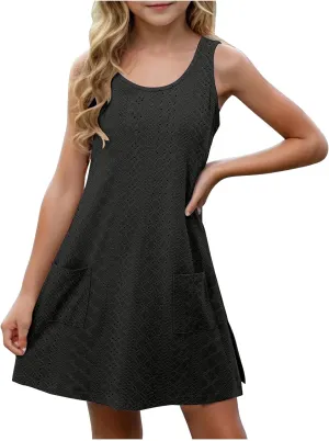 Eyelet Dresses for Girls 2025 Summer Sleeveless Side Split Tank Dress Crewneck Sundress with Pockets Size 4-14 Years