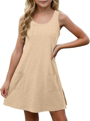 Eyelet Dresses for Girls 2025 Summer Sleeveless Side Split Tank Dress Crewneck Sundress with Pockets Size 4-14 Years