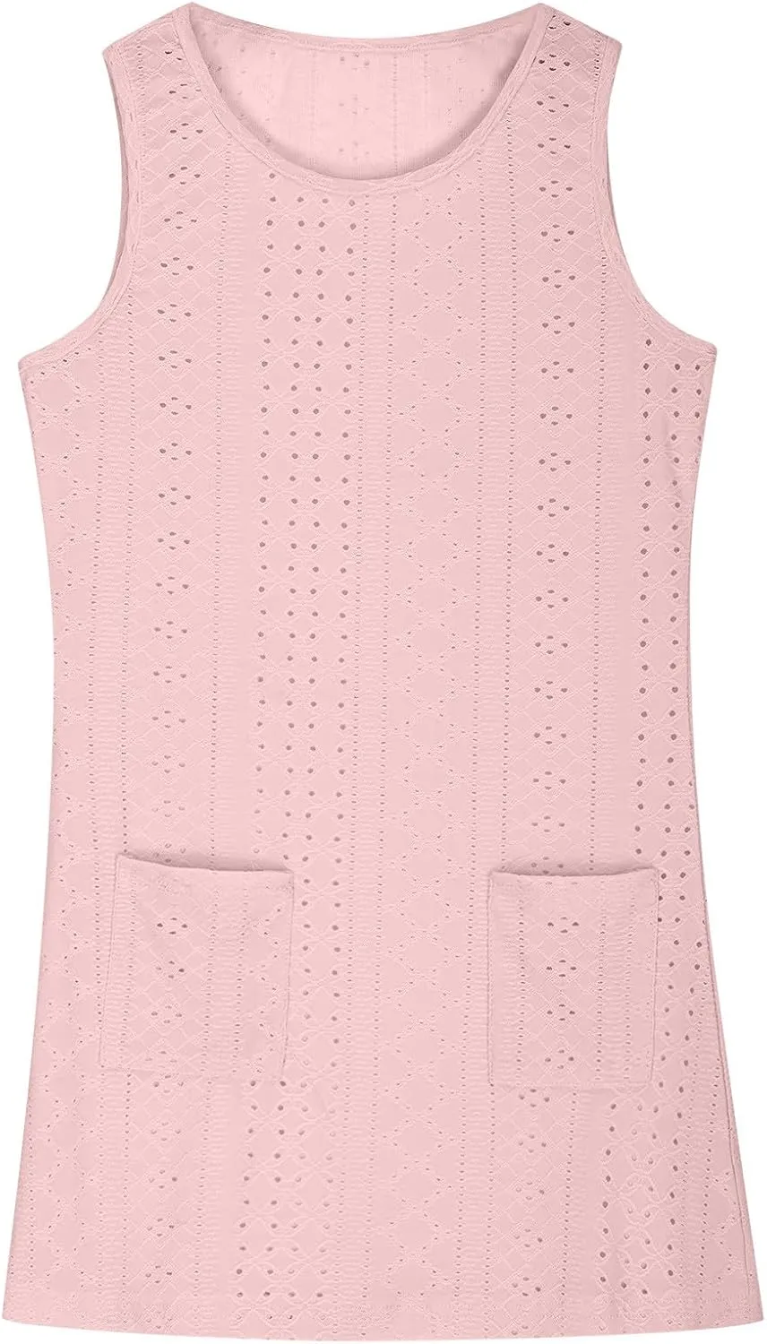 Eyelet Dresses for Girls 2025 Summer Sleeveless Side Split Tank Dress Crewneck Sundress with Pockets Size 4-14 Years