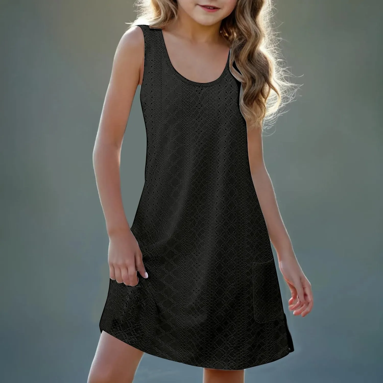 Eyelet Dresses for Girls 2025 Summer Sleeveless Side Split Tank Dress Crewneck Sundress with Pockets Size 4-14 Years