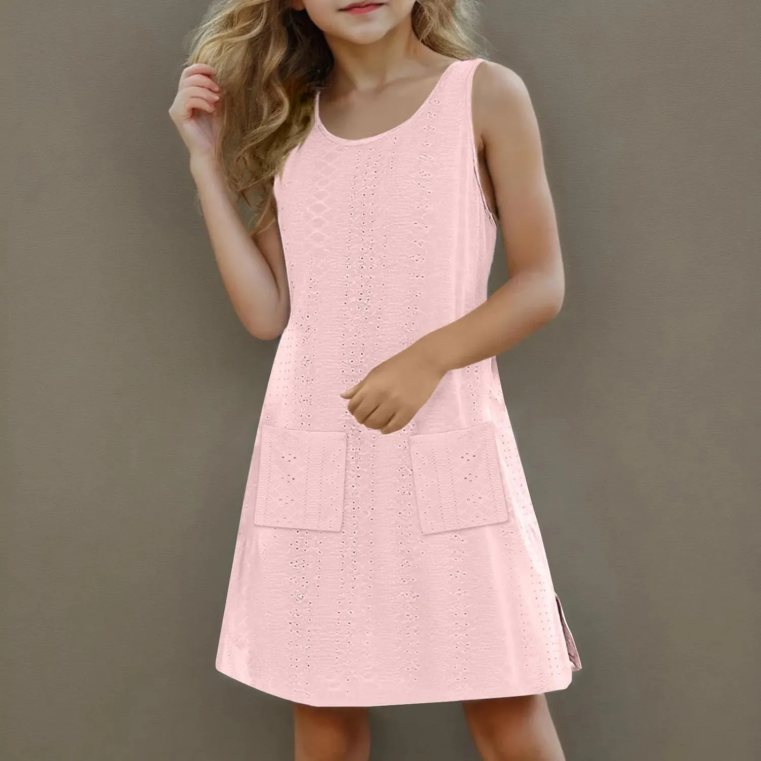 Eyelet Dresses for Girls 2025 Summer Sleeveless Side Split Tank Dress Crewneck Sundress with Pockets Size 4-14 Years