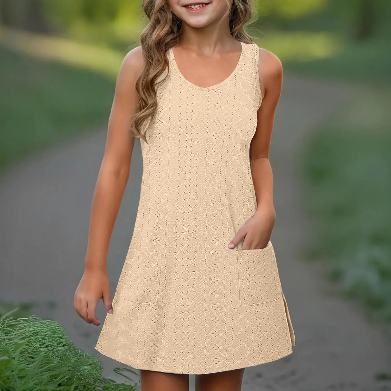 Eyelet Dresses for Girls 2025 Summer Sleeveless Side Split Tank Dress Crewneck Sundress with Pockets Size 4-14 Years