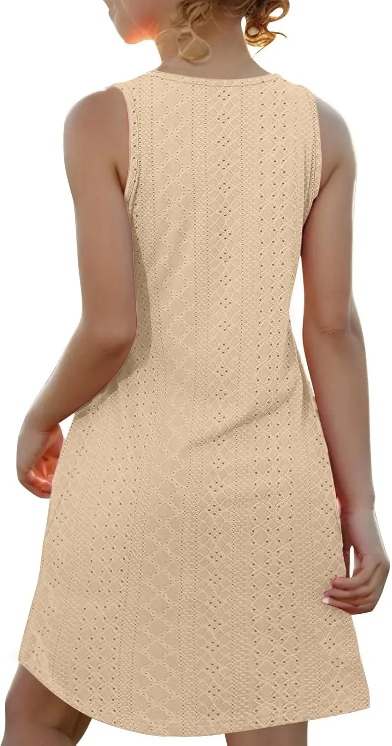 Eyelet Dresses for Girls 2025 Summer Sleeveless Side Split Tank Dress Crewneck Sundress with Pockets Size 4-14 Years