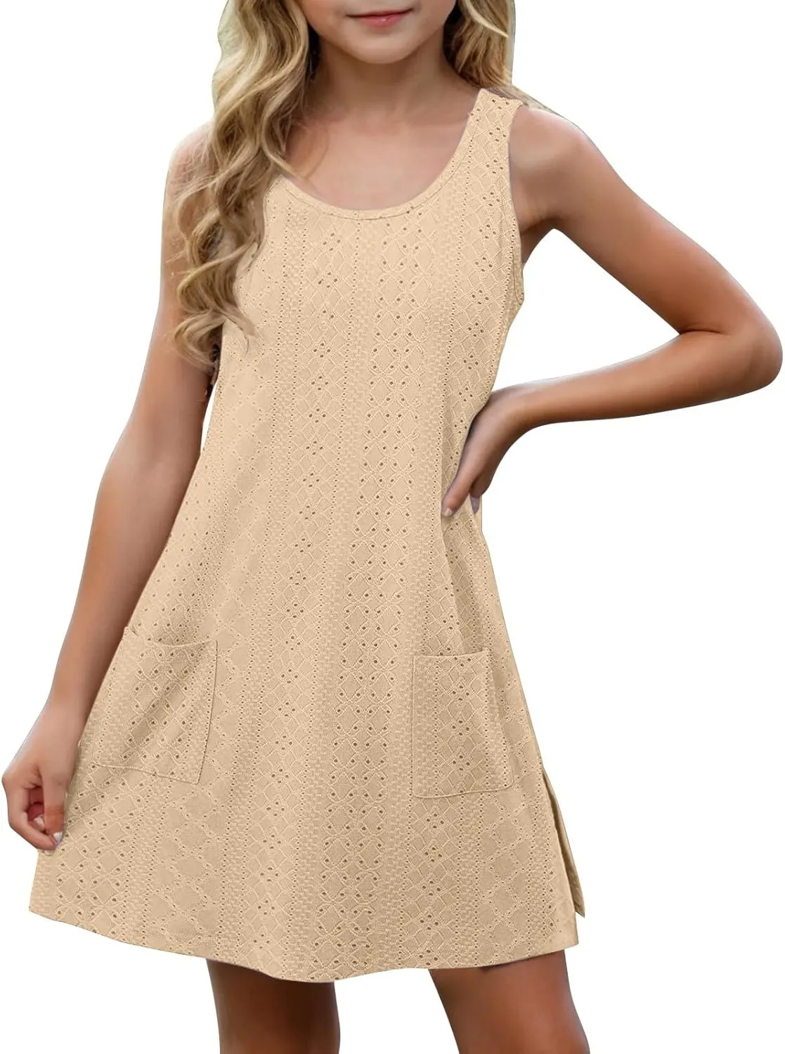 Eyelet Dresses for Girls 2025 Summer Sleeveless Side Split Tank Dress Crewneck Sundress with Pockets Size 4-14 Years