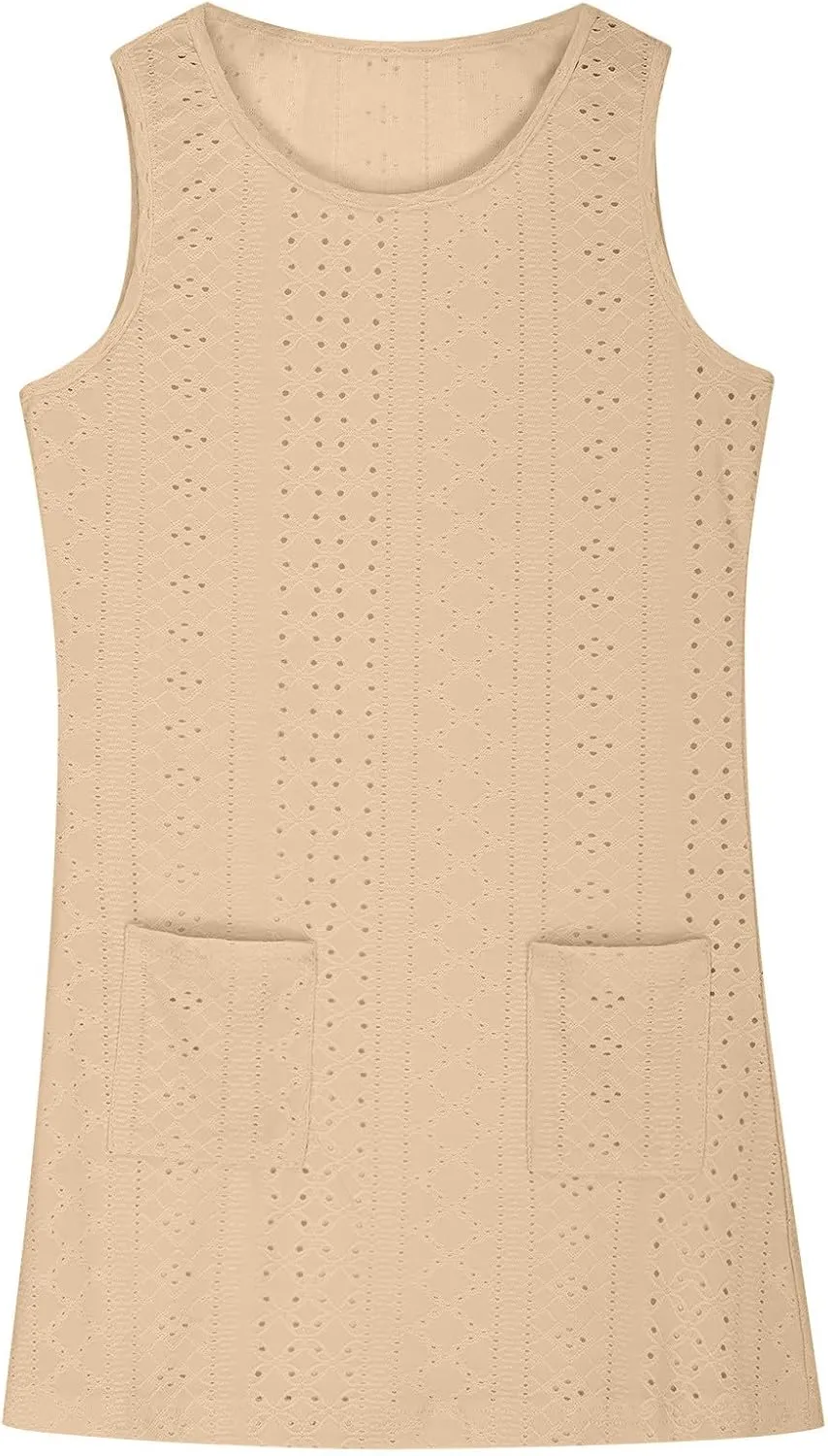 Eyelet Dresses for Girls 2025 Summer Sleeveless Side Split Tank Dress Crewneck Sundress with Pockets Size 4-14 Years