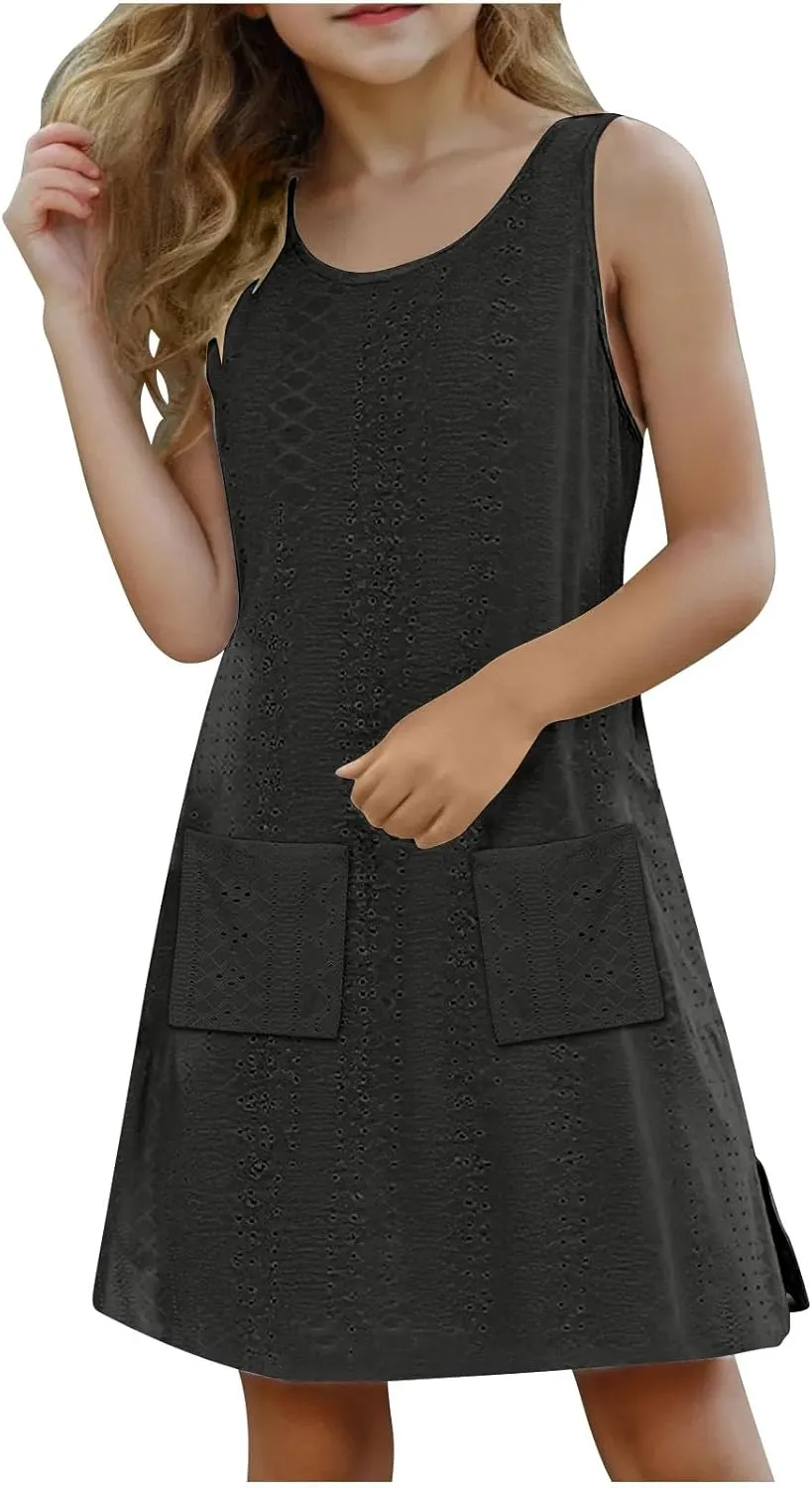 Eyelet Dresses for Girls 2025 Summer Sleeveless Side Split Tank Dress Crewneck Sundress with Pockets Size 4-14 Years