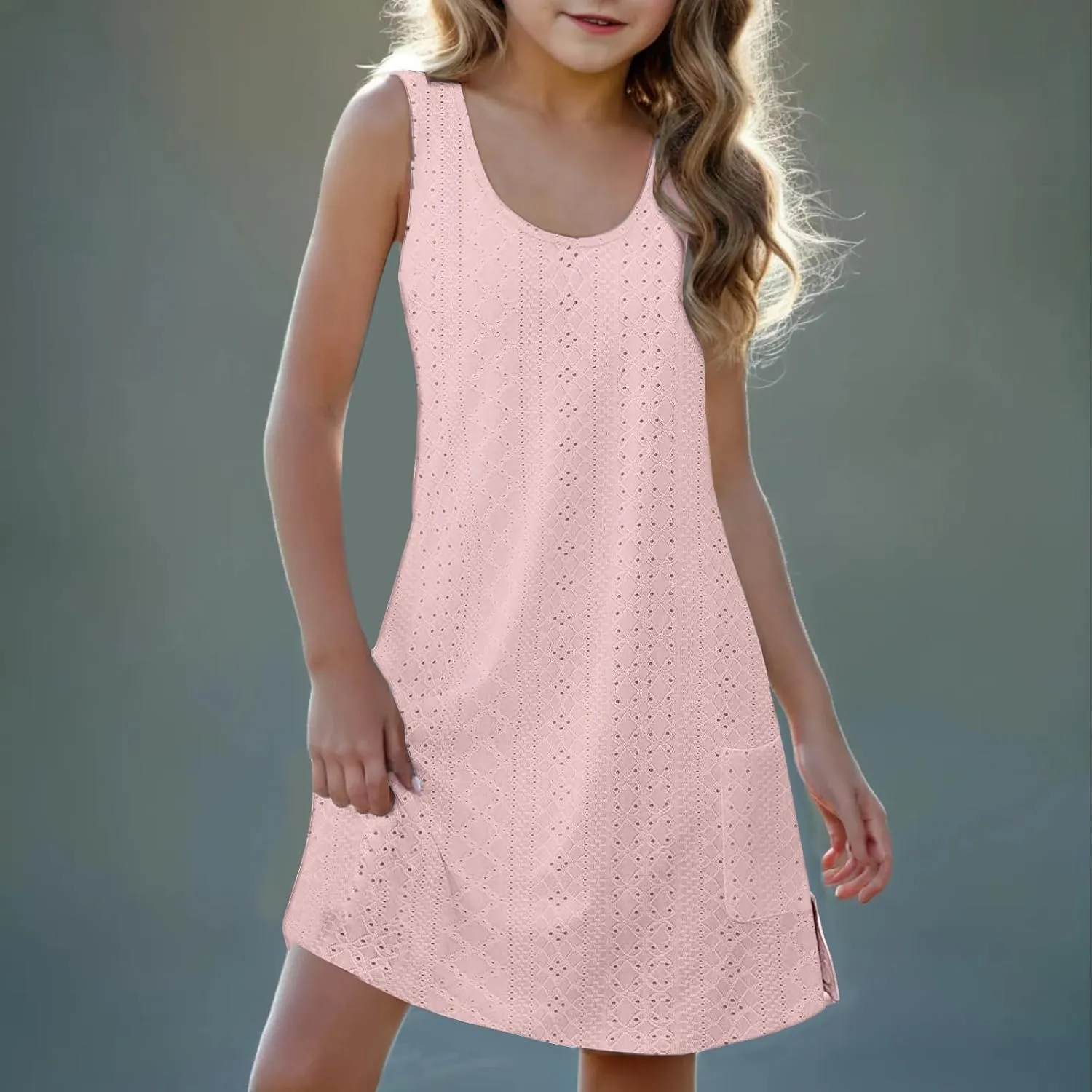 Eyelet Dresses for Girls 2025 Summer Sleeveless Side Split Tank Dress Crewneck Sundress with Pockets Size 4-14 Years