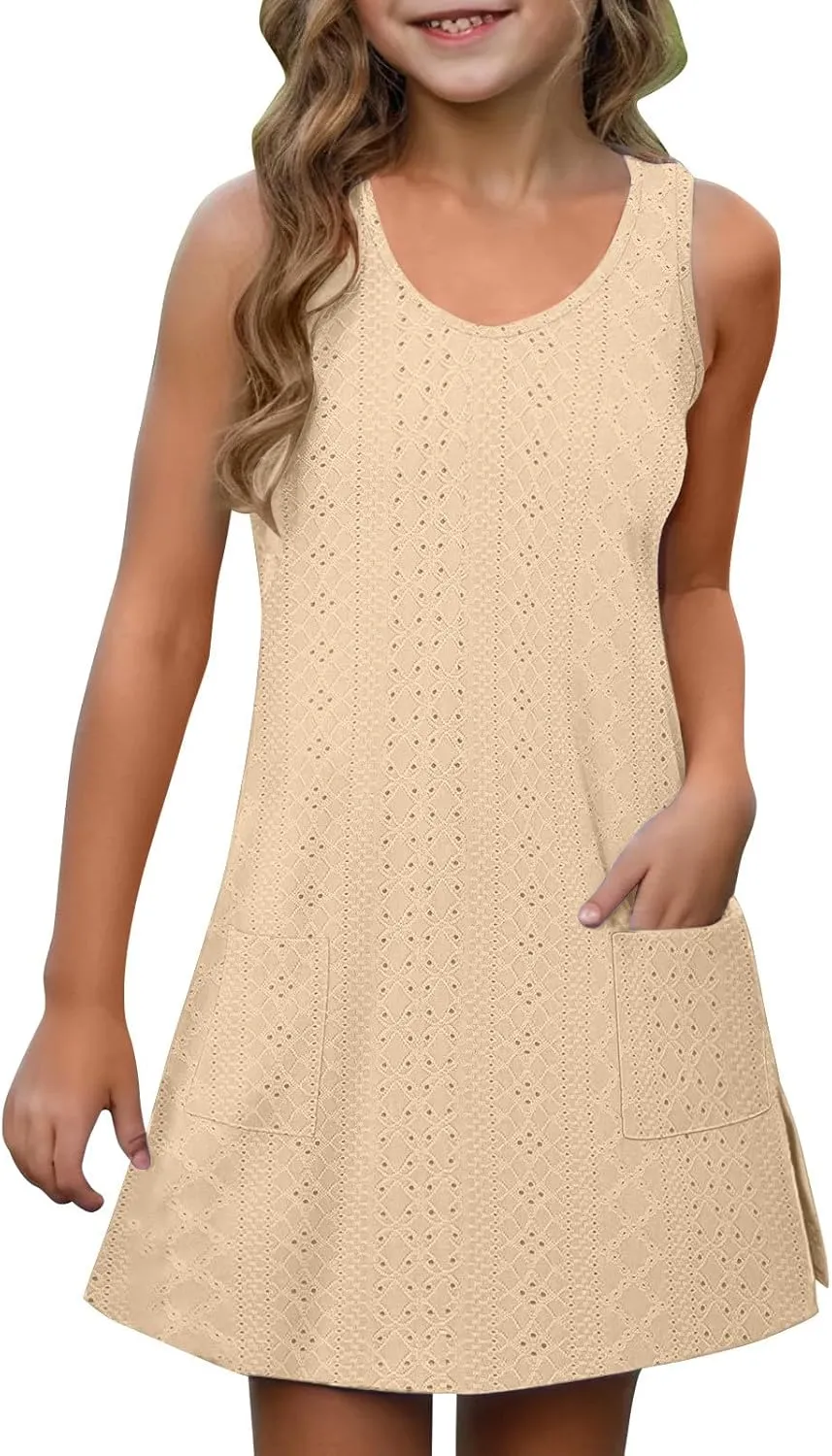 Eyelet Dresses for Girls 2025 Summer Sleeveless Side Split Tank Dress Crewneck Sundress with Pockets Size 4-14 Years