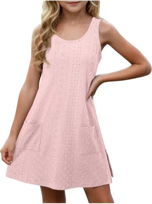 Eyelet Dresses for Girls 2025 Summer Sleeveless Side Split Tank Dress Crewneck Sundress with Pockets Size 4-14 Years