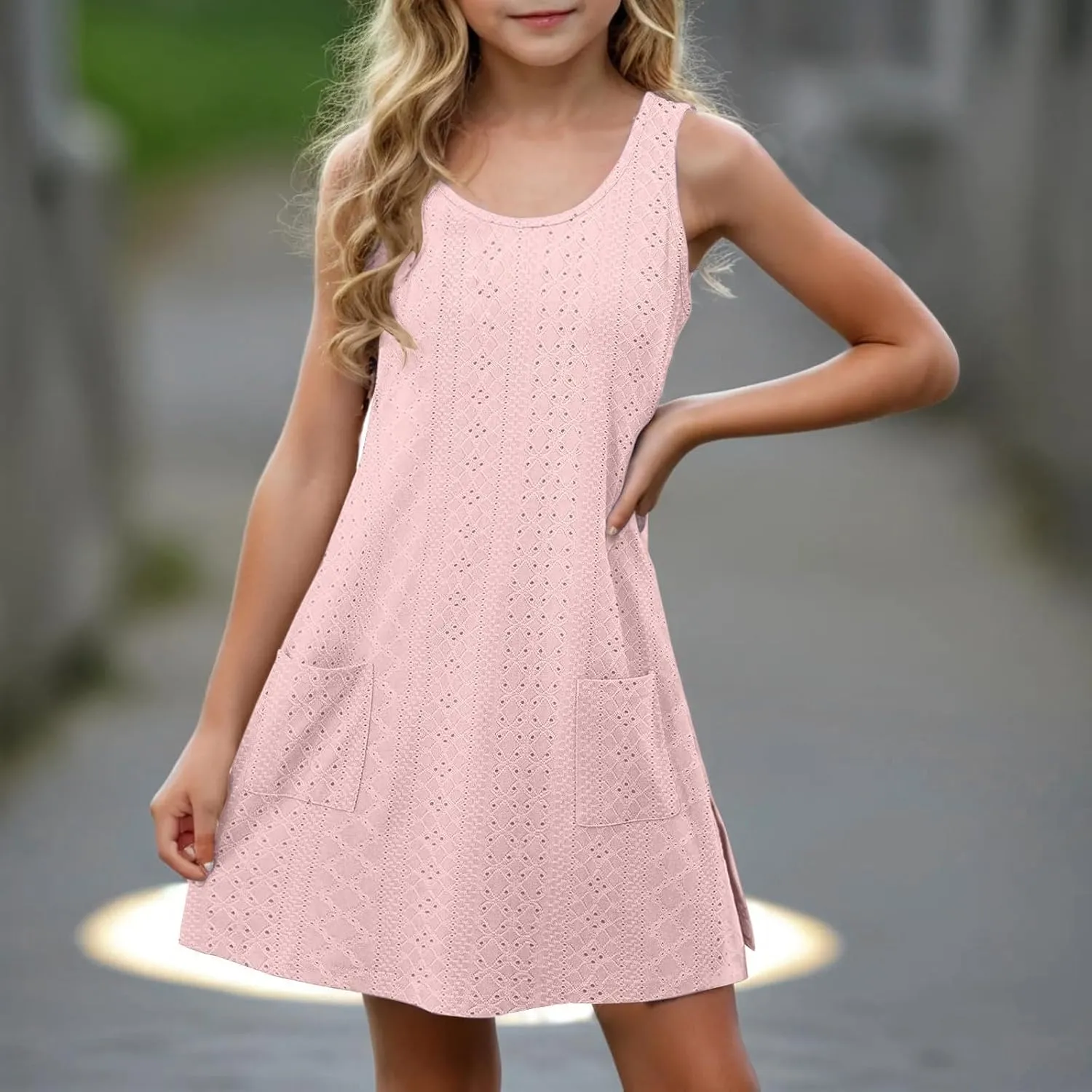 Eyelet Dresses for Girls 2025 Summer Sleeveless Side Split Tank Dress Crewneck Sundress with Pockets Size 4-14 Years