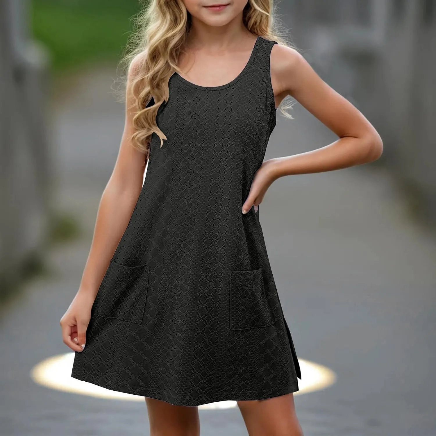 Eyelet Dresses for Girls 2025 Summer Sleeveless Side Split Tank Dress Crewneck Sundress with Pockets Size 4-14 Years