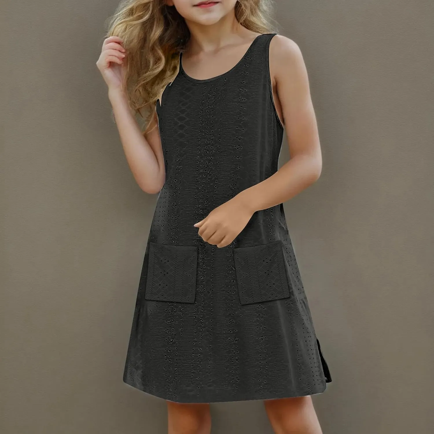 Eyelet Dresses for Girls 2025 Summer Sleeveless Side Split Tank Dress Crewneck Sundress with Pockets Size 4-14 Years
