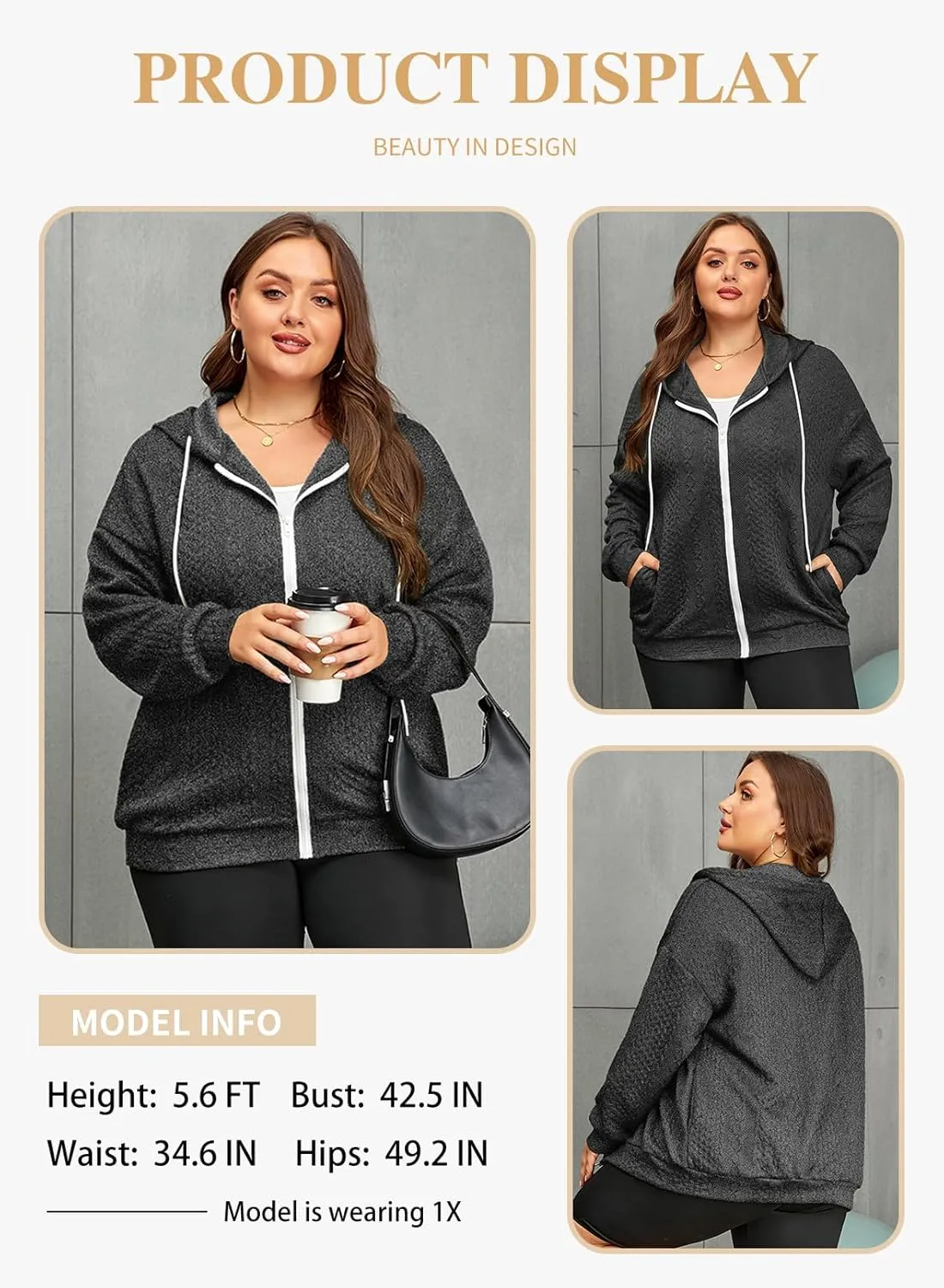Eytino Womens Plus Size Hoodies Sweatshirt Long Sleeve Zip Up Drawstring Jacket Coat Outwear with Pocket(1X-5X)
