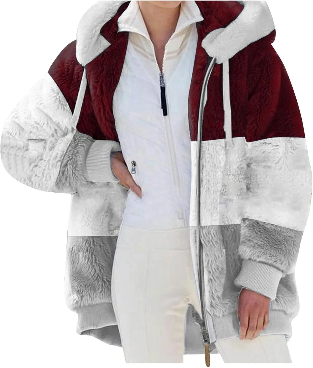 Fall Outfits for Women Zipper Color Block Outerwear Long Sleeve Fleece Plush Stitching Coats Warm Hooded Jacket