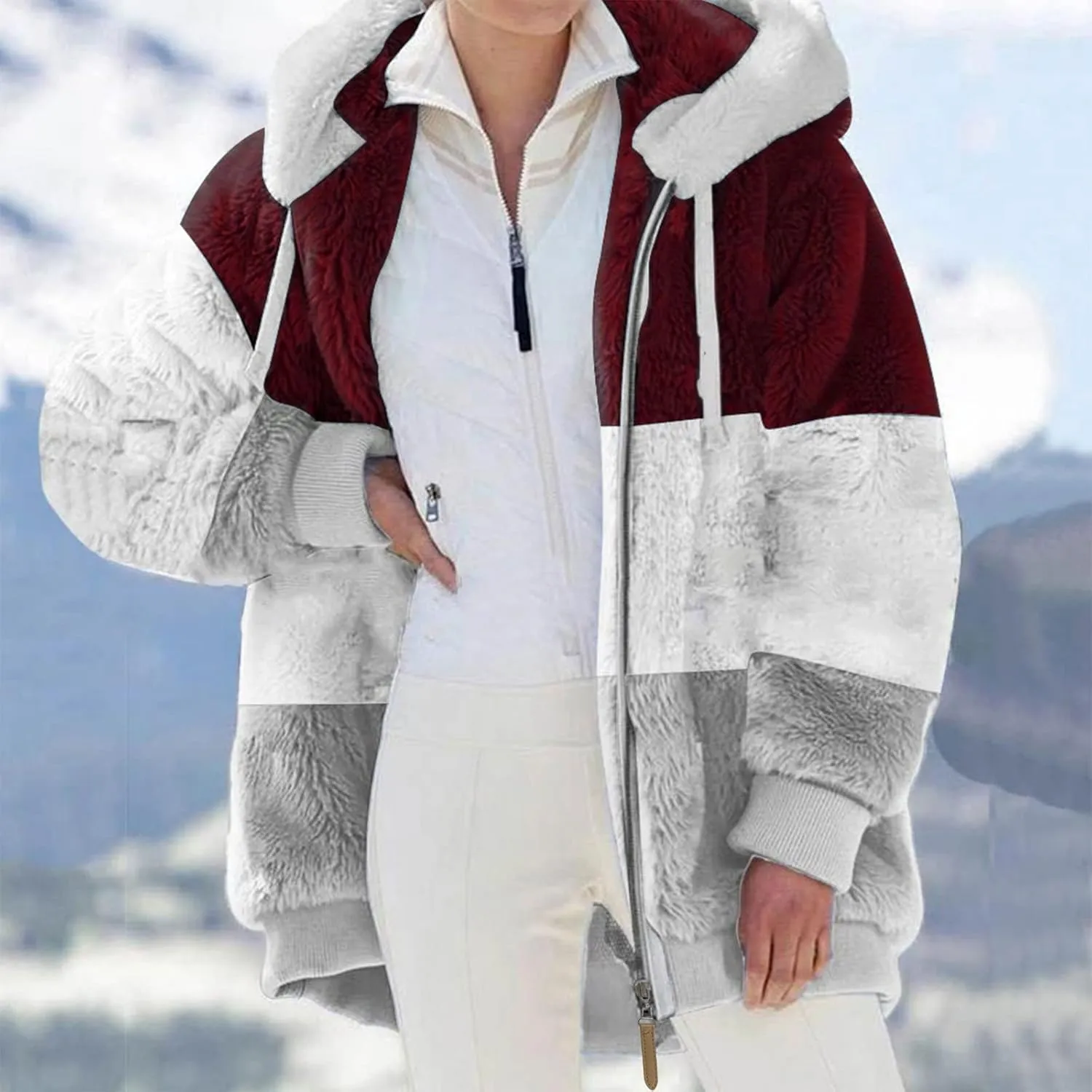 Fall Outfits for Women Zipper Color Block Outerwear Long Sleeve Fleece Plush Stitching Coats Warm Hooded Jacket