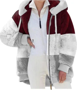 Fall Outfits for Women Zipper Color Block Outerwear Long Sleeve Fleece Plush Stitching Coats Warm Hooded Jacket