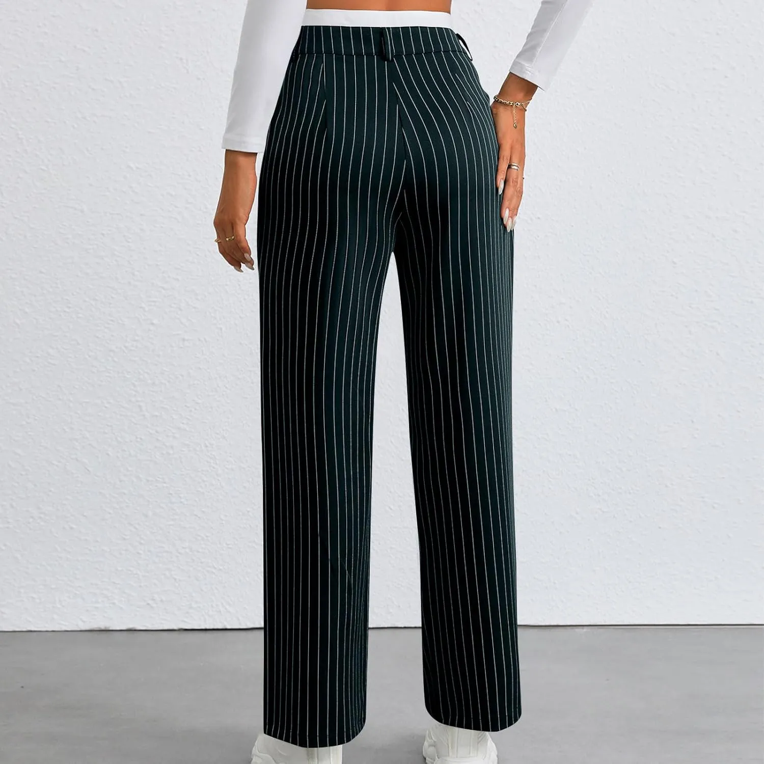 Fall Winter Striped Trousers for Women Casual Comfy Soft Straight Leg Long Pants High Waist Tummy Control Pants 2024