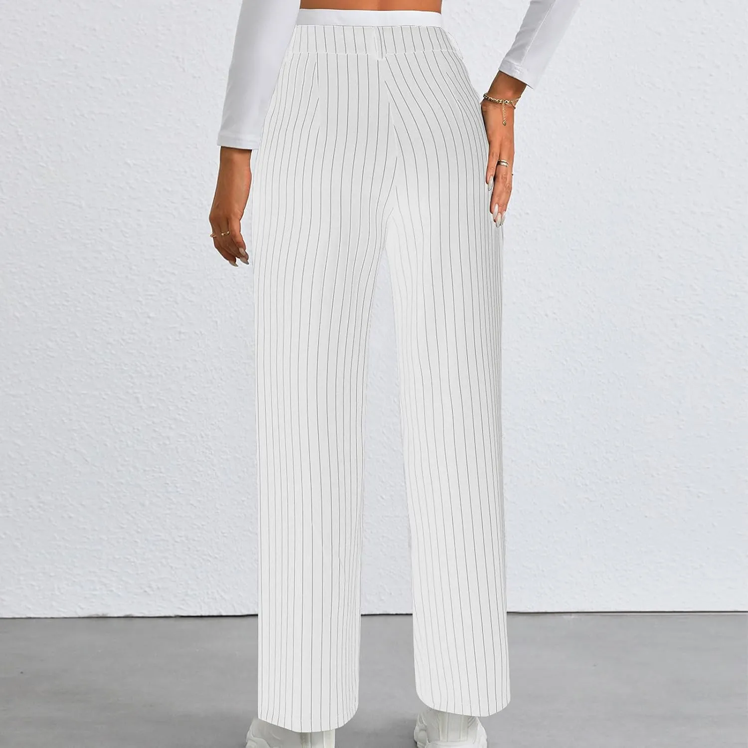 Fall Winter Striped Trousers for Women Casual Comfy Soft Straight Leg Long Pants High Waist Tummy Control Pants 2024