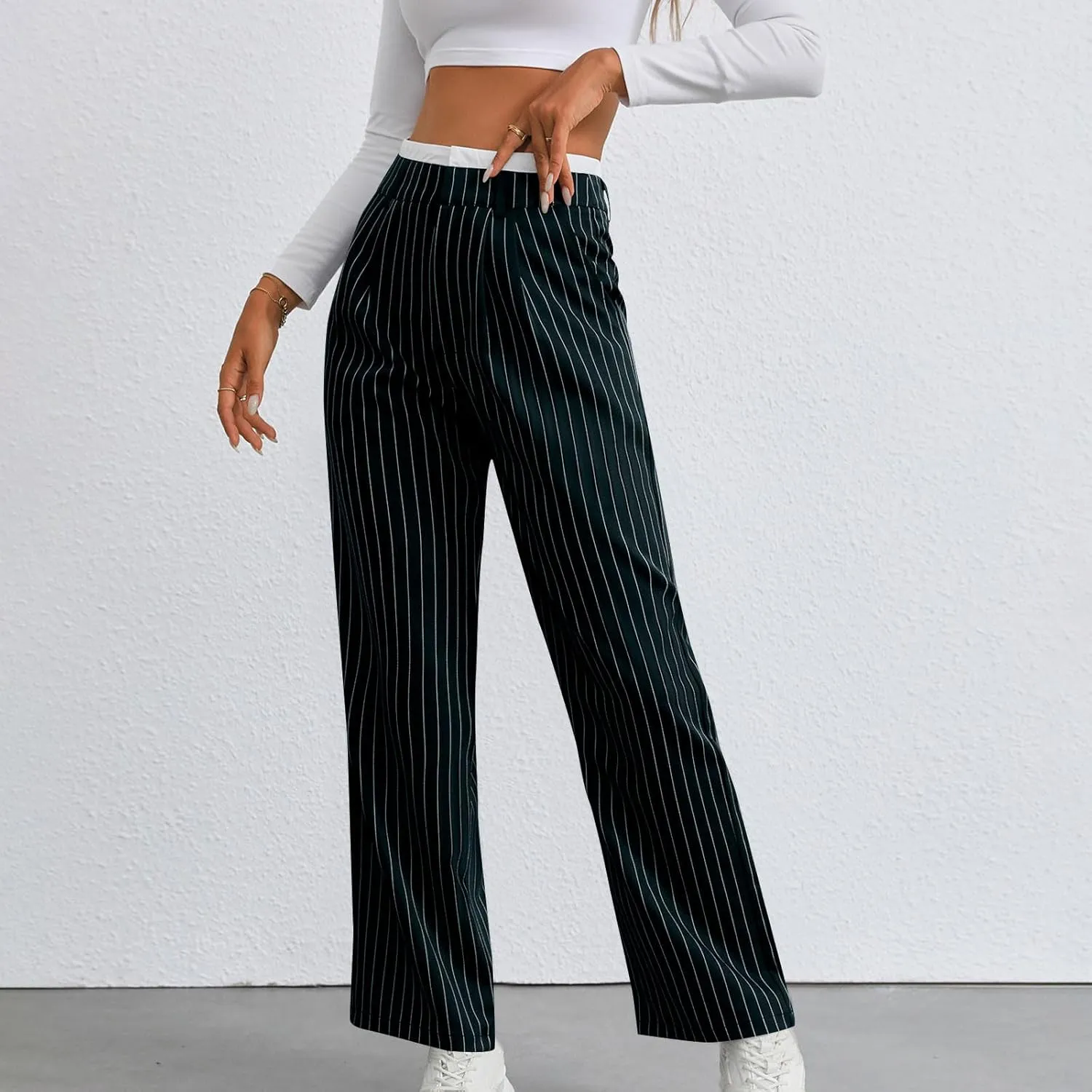 Fall Winter Striped Trousers for Women Casual Comfy Soft Straight Leg Long Pants High Waist Tummy Control Pants 2024