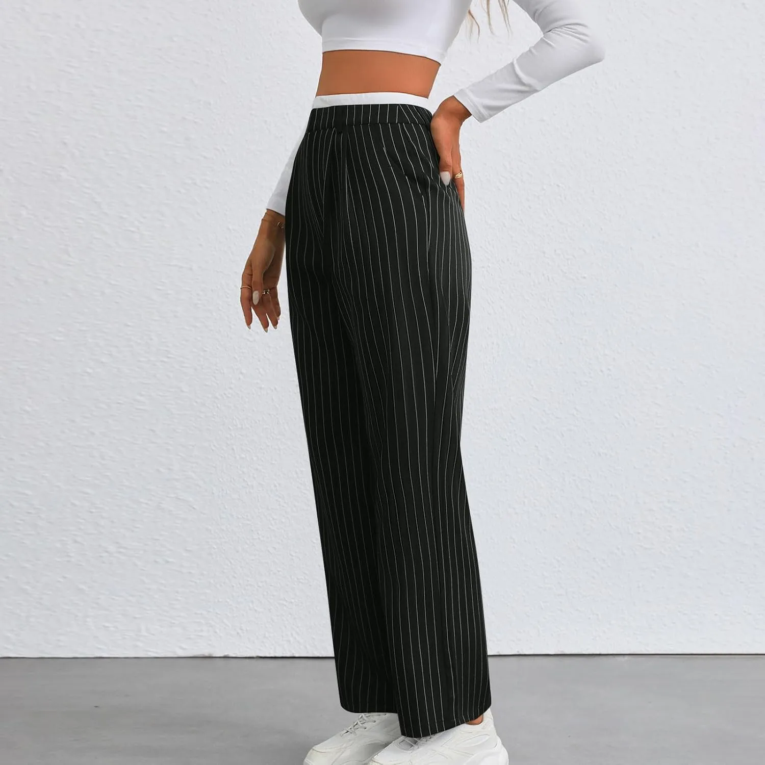 Fall Winter Striped Trousers for Women Casual Comfy Soft Straight Leg Long Pants High Waist Tummy Control Pants 2024