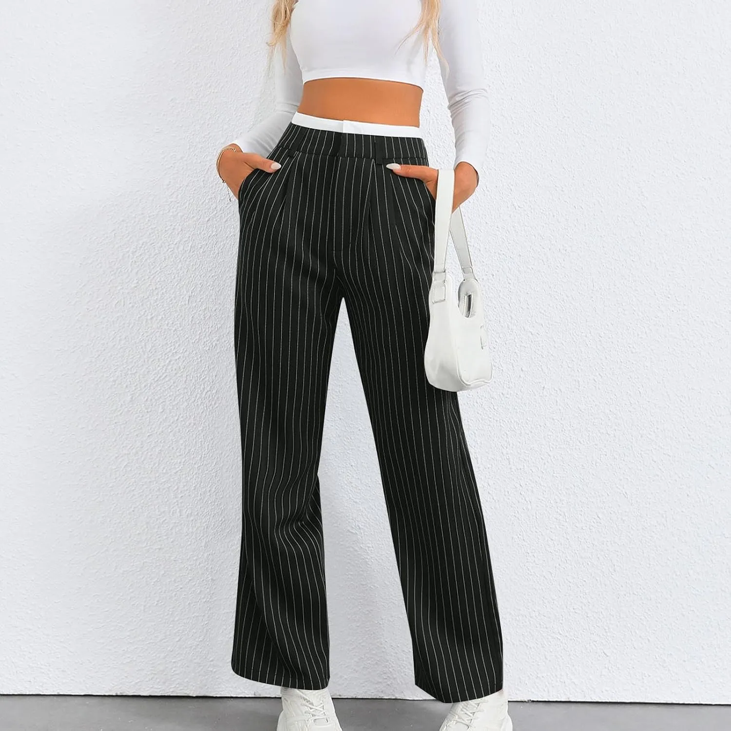 Fall Winter Striped Trousers for Women Casual Comfy Soft Straight Leg Long Pants High Waist Tummy Control Pants 2024