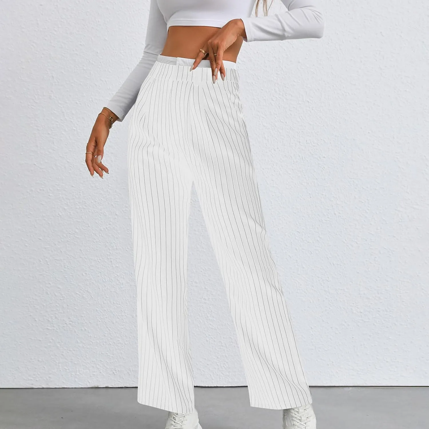 Fall Winter Striped Trousers for Women Casual Comfy Soft Straight Leg Long Pants High Waist Tummy Control Pants 2024