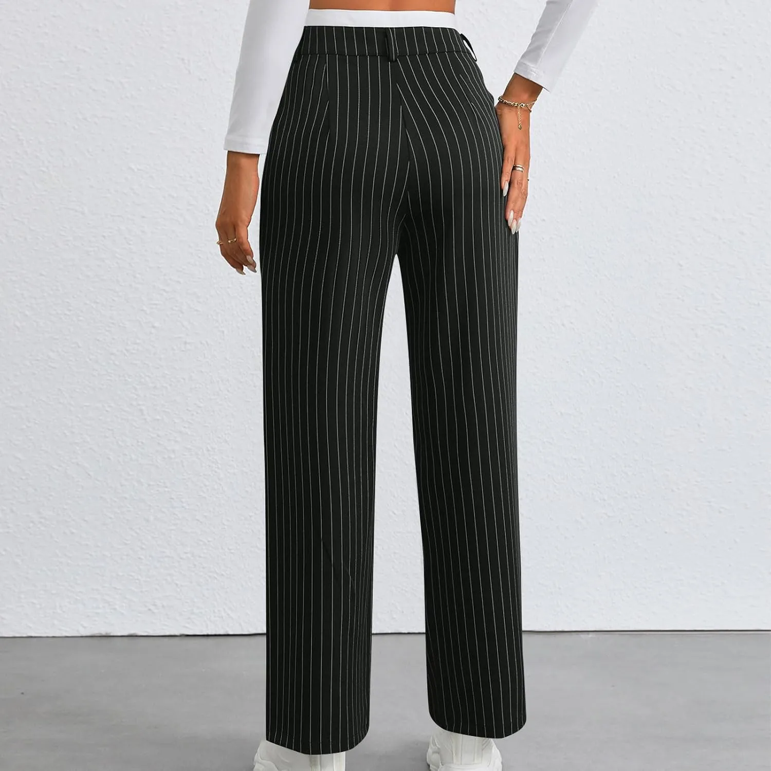 Fall Winter Striped Trousers for Women Casual Comfy Soft Straight Leg Long Pants High Waist Tummy Control Pants 2024