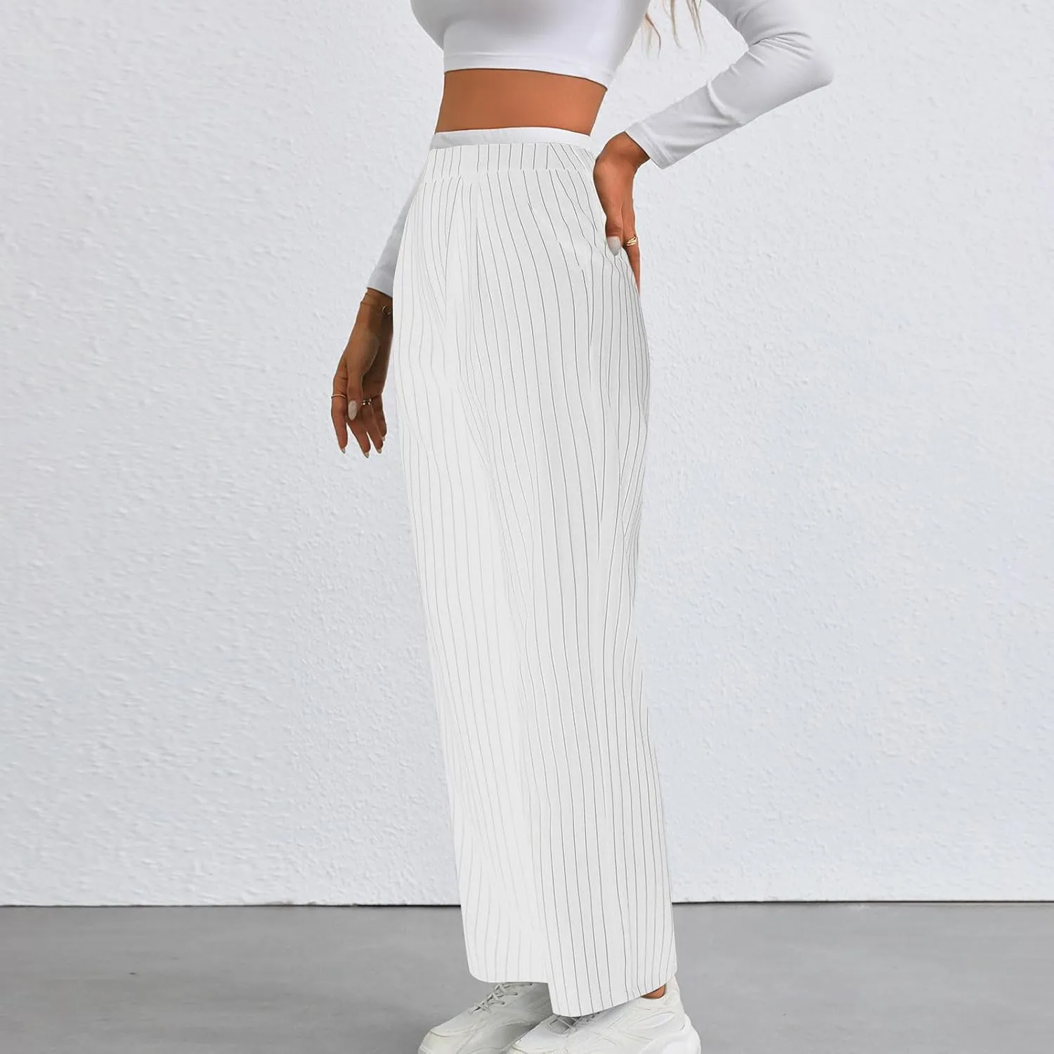 Fall Winter Striped Trousers for Women Casual Comfy Soft Straight Leg Long Pants High Waist Tummy Control Pants 2024