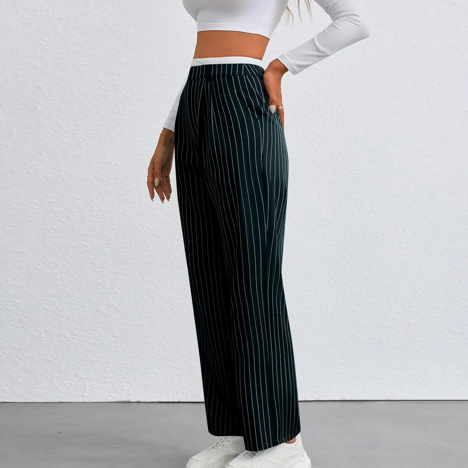 Fall Winter Striped Trousers for Women Casual Comfy Soft Straight Leg Long Pants High Waist Tummy Control Pants 2024