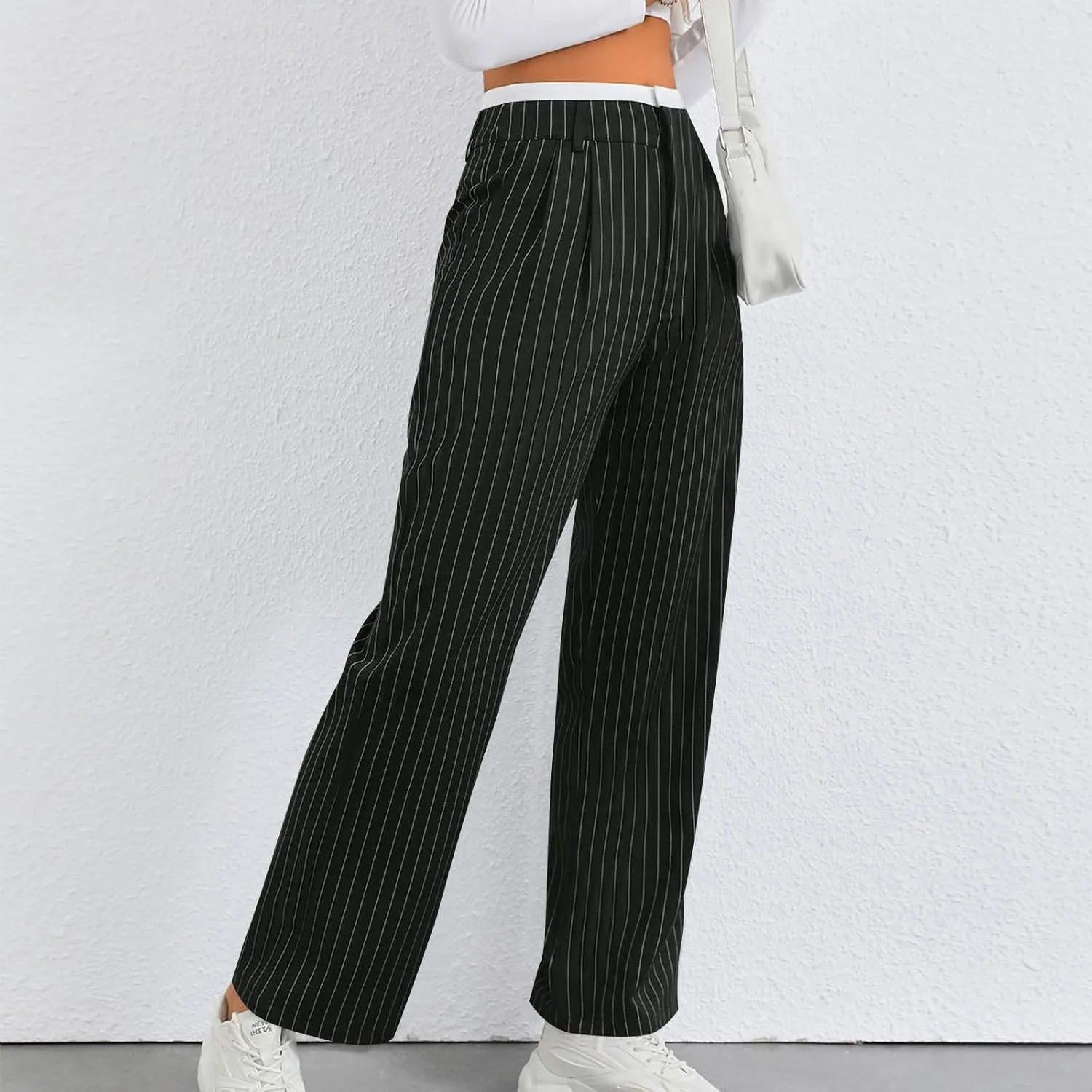 Fall Winter Striped Trousers for Women Casual Comfy Soft Straight Leg Long Pants High Waist Tummy Control Pants 2024