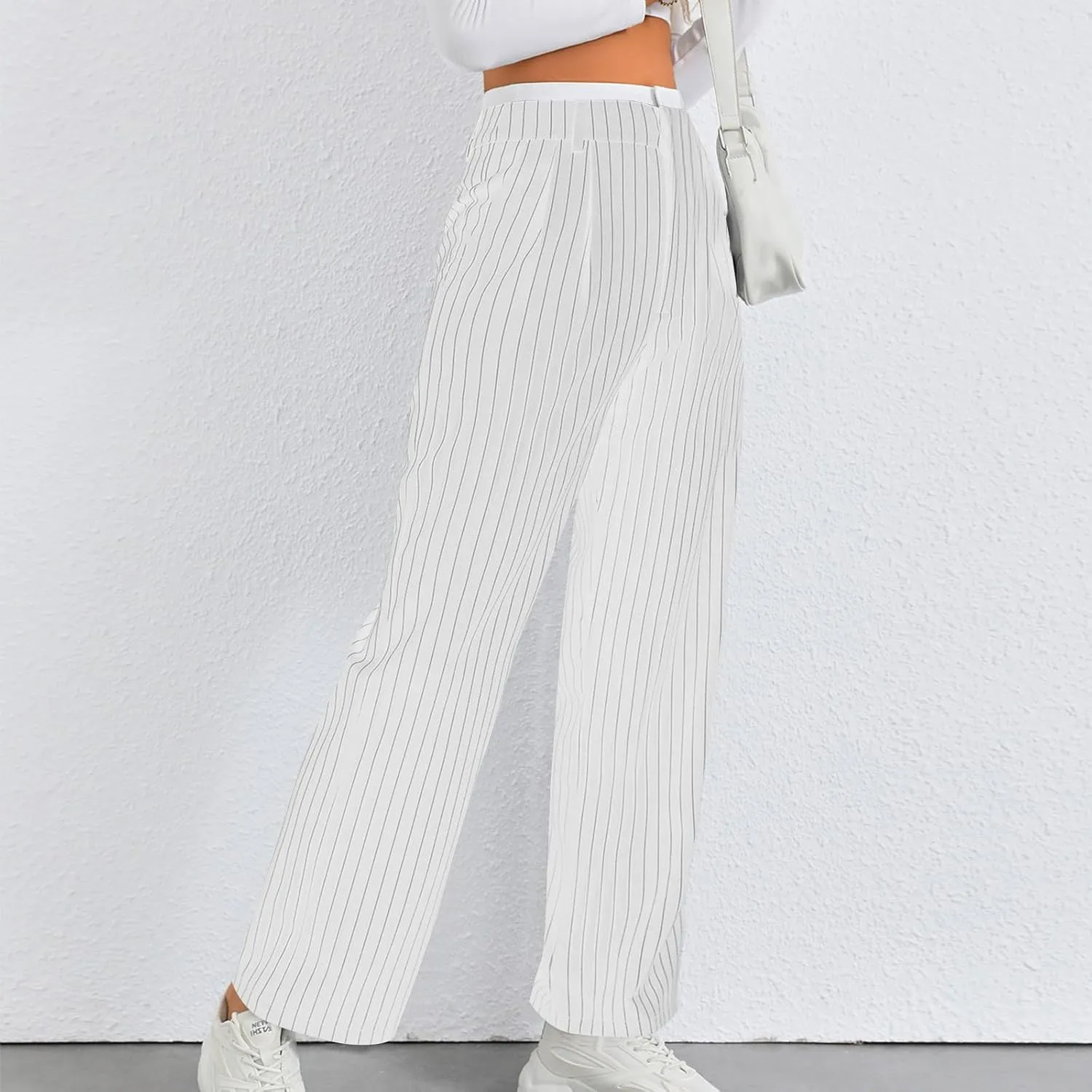 Fall Winter Striped Trousers for Women Casual Comfy Soft Straight Leg Long Pants High Waist Tummy Control Pants 2024