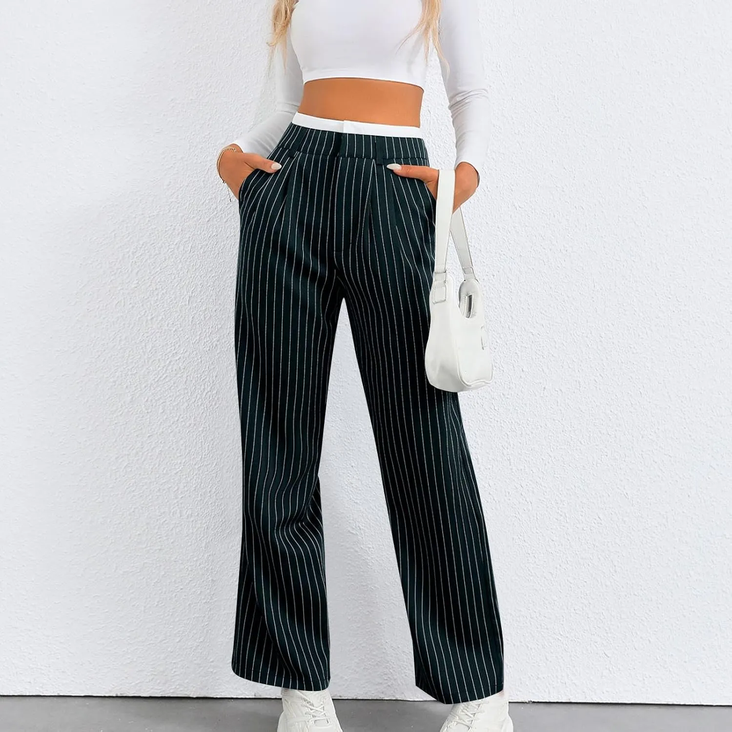 Fall Winter Striped Trousers for Women Casual Comfy Soft Straight Leg Long Pants High Waist Tummy Control Pants 2024