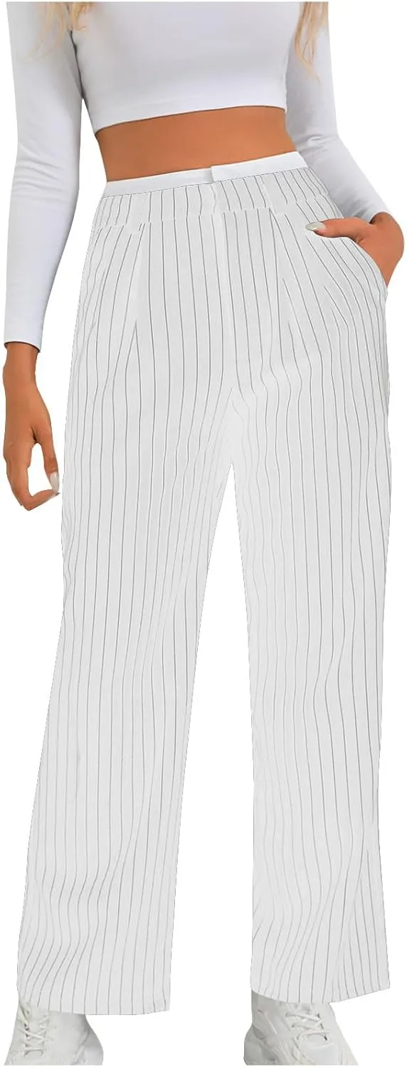 Fall Winter Striped Trousers for Women Casual Comfy Soft Straight Leg Long Pants High Waist Tummy Control Pants 2024