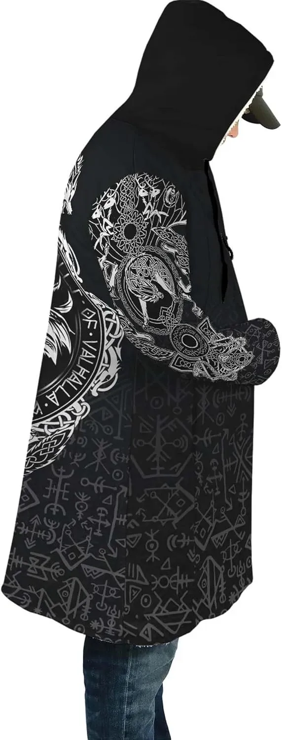 Fenrir Wolf Winter Jackets for Men, 3D Print Viking Tattoo Hooded Cloak, Mid-Length Parka Novelty Outerwear, Horn Buckle Robe