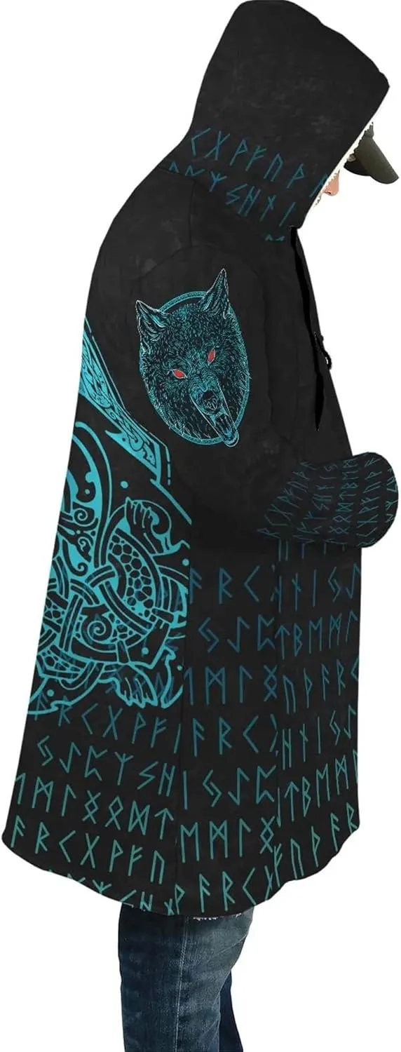 Fenrir Wolf Winter Jackets for Men, 3D Print Viking Tattoo Hooded Cloak, Mid-Length Parka Novelty Outerwear, Horn Buckle Robe