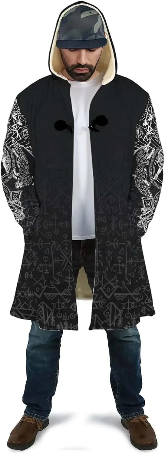Fenrir Wolf Winter Jackets for Men, 3D Print Viking Tattoo Hooded Cloak, Mid-Length Parka Novelty Outerwear, Horn Buckle Robe